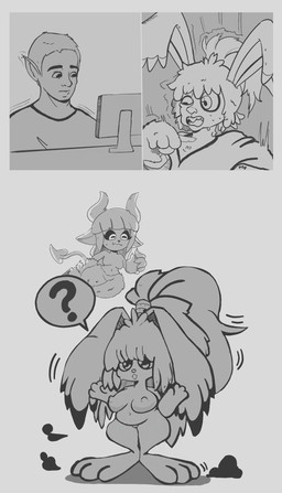 anthro big_eyes black_sclera breasts confusion duo exposed_breasts female fluffy fluffy_ears fluffy_hair gender_transformation genitals hair holidays horn intersex male mtf_transformation nipples paws ponytail question_mark shrinking size_transformation slightly_chubby smoke species_transformation transformation vulva vafomett magical_starsign lassi_(magical_starsign) demon human imp lagomorph leporid mammal rabbit 2021 digital_media_(artwork) hi_res monochrome