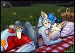 anthro basket bedding black_border blanket blue_eyes blue_hair border bottomwear clothing container denim denim_bottomwear denim_clothing digit_ring duo ears_back fur hair hand_on_cheek husband_and_husband jeans jewelry looking_at_another looking_at_partner male male/male multicolored_body multicolored_fur outside pants passionate picnic_basket pivoted_ears red_bottomwear red_clothing red_eyes red_shorts ring shirt shorts t-shirt tan_body tan_fur tank_top topwear wedding_ring wrapped_legs defensoris falcon_woodwere fall_lightsky arctic_wolf arthropod beetle canid canine canis domestic_dog elateroid firefly husky insect mammal nordic_sled_dog spitz wolf hi_res