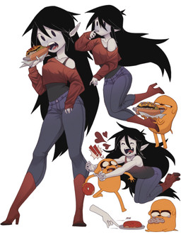 black_hair blue_blush blush bodily_fluids boots bottomwear bra_strap clothed clothing collarbone crying denim denim_bottomwear denim_clothing dessert doughnut drooling duo eating exclamation_point eyes_closed fangs female food footwear fur grey_body grey_skin hair heart_symbol high_heeled_boots high_heels hot_dog humanoid_pointy_ears jeans long_hair male off_shoulder open_mouth pants pastry plate pointy_ears saliva sharp_teeth shirt shoes simple_background tank_top tears teeth topwear white_background yellow_body yellow_fur mr._fishcorpse adventure_time cartoon_network jake_the_dog marceline_abadeer canid canine canis domestic_dog humanoid mammal monster 2023 3:4 hi_res multiple_images
