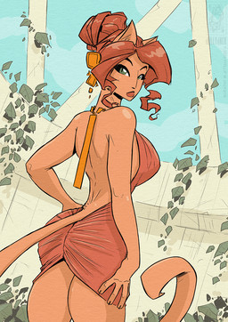 breasts brown_hair clothing dress female green_eyes hair inside ivy_(plant) looking_at_viewer looking_back plant side_boob solo tan_body conditional_dnp jollyjack animal_humanoid cat_humanoid felid felid_humanoid feline feline_humanoid humanoid mammal mammal_humanoid 2026