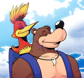 anthro at_peace backpack big_nose blue_backpack brown_body brown_fur charlie's_inferno duo fang_necklace feathers female feral fur hair male male/female red_body red_feathers red_hair smile yellow_body yellow_feathers cabezilla banjo-kazooie microsoft rareware the_boys_(series) xbox xbox_game_studios banjo_(banjo-kazooie) kazooie avian bear bird breegull mammal hi_res meme