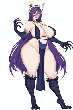 big_breasts breasts claws clothing erotic_clothing female hair horn long_hair mostly_nude neck_jewelry purple_hair solo thick_thighs wide_hips elmira_tray brila demon humanoid 2:3 absurd_res hi_res