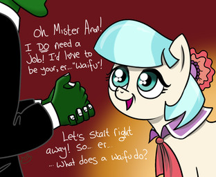 blue_eyes clothing dialogue duo female fur hair multicolored_hair suit text two_tone_hair white_body white_fur catfood-mcfly friendship_is_magic hasbro my_little_pony anon coco_pommel_(mlp) earth_pony equid equine horse human mammal pony 2014 english_text