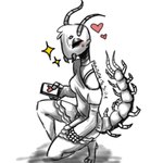 antennae_(anatomy) anthro bra_strap breasts clothed clothing compound_eyes female kneeling mandibles on_one_knee shirt simple_background solo tail topwear maiseyissilly bugsonator arthropod centipede insect myriapod 1:1 digital_media_(artwork) hi_res monochrome spot_color