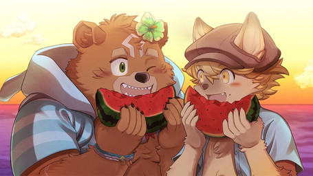 accessory anthro beach blonde_hair blush brown_body brown_fur clothing duo eating eye_contact flower flower_in_hair food fruit fur hair hair_accessory hat headgear headwear hoodie looking_at_another male male/male melon one_eye_closed overweight plant romantic romantic_ambiance smile sunset swimwear topwear watermelon wink yellow_eyes young young_anthro young_male kinoshita-jiroh crave_saga cyberconnect2 fuga:_melodies_of_steel little_tail_bronx gabu_(crave_saga) malt_marzipan bear canid canine caninu canis domestic_dog mammal crossover official_art