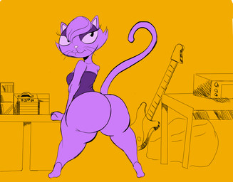 anthro big_butt breasts butt clothing electric_guitar female fur guitar legwear looking_at_viewer musical_instrument plucked_string_instrument purple_body purple_fur seductive smile solo string_instrument unknown_artist bremen_avenue_experience jessica_(bae) domestic_cat felid feline felis mammal hi_res