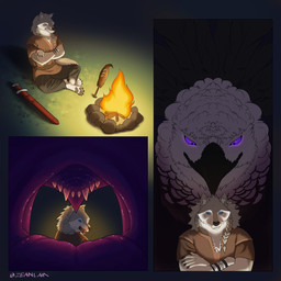 anthro beak black_body black_feathers blue_eyes campfire clothed clothed_male clothing cooking duo feathers fire fur glowing glowing_eyes grass grey_body grey_fur imminent_vore looming looming_over male male/male melee_weapon night open_mouth plant purple_eyes runes sharp_teeth sitting size_difference sword teeth tongue weapon white_body white_feathers zeanlain zeanlain_(character) accipitrid accipitriform aquatic avian bird canid canine canis eagle fish harpy_eagle mammal wolf 1:1 2022 colored comic hi_res signature