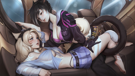 between_legs big_breasts black_hair black_tail blonde_hair blue_eyes breasts brown_eyes clothed clothing duo eyelashes female female/female female_humanoid hair humanoid_on_humanoid inside long_hair lying narrowed_eyes on_back short_hair side_view tail tan_body tan_skin white_tail shermugi animal_humanoid cat_humanoid felid felid_humanoid feline feline_humanoid humanoid mammal mammal_humanoid 16:9 absurd_res hi_res widescreen