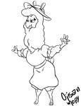 alpaca anthro belt_loop big_breasts breasts camelid clothing cowlick dress eyelashes female fluffy fluffy_tail hair hat headgear headwear huge_breasts humanoid mammal monochrome no_shoes ojisan_mopy solo tail wide_hips