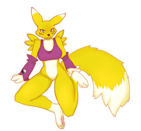 anthro blue_eyes breasts female mouth_closed pawpads simple_background sitting smile smiling_at_viewer solo tail yellow_body istrid_valentina bandai_namco digimon canid canine digimon_(species) mammal renamon hi_res
