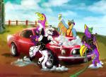 anthro breasts car female group hair muscle_car paws short_hair vehicle wet caatnip batman_(series) dc_comics ford ford_mustang avian bat canid canine mammal hi_res