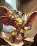 abs anthro biceps biped claws detailed_background flexing golden_body horn looking_at_viewer majestic male muscular muscular_male pecs raised_arm solo spread_wings standing tail text triceps valley wings yellow_body kusunagi cygames dragalia_lost mythology nintendo thor_(dragalia_lost) dragon mythological_creature mythological_scalie scalie hi_res url