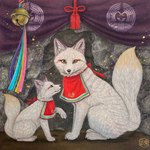 ambiguous_gender bell black_nose dipstick_ears duo ear_markings feral fluffy fluffy_tail fur kerchief multicolored_ears realistic_fur ribbons rope sitting tail text whiskers white_body white_fur yellow_eyes kaho_nishikawa mythology canid canine fox mammal hi_res japanese_text painting_(artwork) traditional_media_(artwork)