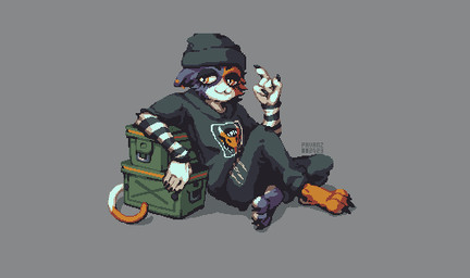 ammo_box anthro armband beanie bottomwear cat_smile cheek_tuft claws clothing colored_nails facial_tuft female finger_claws flat_chested fur grey_background grey_body grey_fur hat headgear headwear jacket leaning_on_object long_tail looking_aside multicolored_body multicolored_fur nails on_ground orange_body orange_fur pants pattern_clothing shirt simple_background sitting solo striped_clothing stripes tail toe_claws topwear torn_bottomwear torn_clothing torn_pants tuft white_body white_fur yellow_eyes pavanz epic_games fortnite meow_skulls calico_cat domestic_cat felid feline felis mammal 2023 digital_media_(artwork) pixel_(artwork) watermark