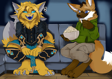 armor bottomwear bracers claws clothing digitigrade female fluffy fluffy_tail food furniture gem hoodie loincloth male multi_ear popcorn sofa tail topwear watching_movie altowovurr durandal manteia alien canid canine mammal maned_wolf shadekin absurd_res hi_res