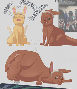 abdominal_bulge angry big_ears big_nose blonde_hair brown_body brown_fur claws cross-popping_vein directional_arrow duo feral finger_claws fur grey_eyes grey_hair hair male male/male paws politics rumbling_stomach screaming toe_claws vore yellow_body yellow_fur vrilldozer rain_world real_world videocult peter_magyar victor_orban slugcat 2026 cel_shading shaded