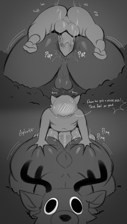 anal anal_penetration anthro antlers balls big_butt bodily_fluids bouncing_balls bouncing_butt breath butt butt_grab dialogue duo genitals hand_on_butt horn male male/male moan nude onomatopoeia penetration penile penile_penetration penis_in_ass plap sex short_tail size_difference sound_effects splurt sweat sweatdrop sweaty_head tail text epic_derzito 99_nights_in_the_forest roblox deer_(99_nights_in_the_forest) deer domestic_cat felid feline felis humanoid mammal comic english_text hi_res monochrome