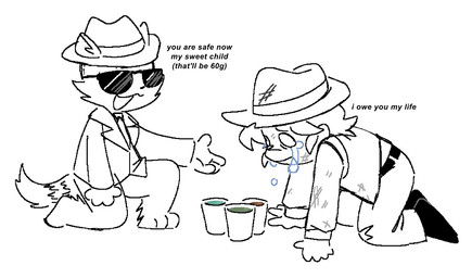 anthro bodily_fluids bottomwear clothing crying duo eyewear hat headgear headwear necktie pants shirt simple_background sunglasses tears topwear white_background d00dlebugg undertale_(series) undertale_yellow clover_(undertale_yellow) mo_(undertale_yellow) human mammal procyonid raccoon 2023