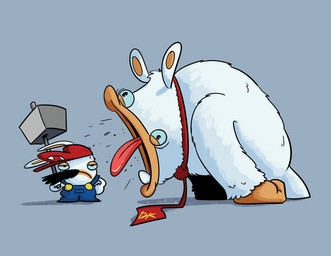 all_fours anthro black_eyes blue_clothing blue_overalls blue_sclera bodily_fluids closed_frown clothed clothed_anthro clothed_male clothing duo fist frown fur grey_background half-closed_eyes hammer hand_on_hip hand_on_own_hip hat headgear headwear holding_hammer holding_melee_weapon holding_object holding_tool holding_weapon larger_anthro larger_male light long_ears male melee_weapon mitten_hands mostly_nude mouth_closed multicolored_body narrowed_eyes necktie necktie_only noseless overalls pink_tongue red_clothing red_hat red_headwear red_necktie roaring saliva shirtless_anthro shirtless_male simple_background size_difference smaller_anthro smaller_male standing tan_body tan_eyelids tan_inner_ear tan_skin teeth tongue tongue_out tools two_tone_body weapon white_body white_fur beapeabear donkey_kong_(series) mario_bros mario_plus_rabbids_kingdom_battle nintendo raving_rabbids rayman_(series) ubisoft rabbid_kong rabbid_mario hybrid kong lagomorph mammal primate rabbid 2017 colored crossover digital_drawing_(artwork) digital_media_(artwork) english_description lighting shaded