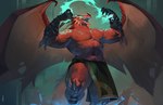 abs anthro biceps bottomwear claws clothed clothing deltoids horn loincloth male markings muscular nipples obliques open_mouth pecs pose scales simple_background solo standing tail teeth tongue topless triceps wings mystikfox61 mythology dragon mythological_creature mythological_scalie scalie 2023 hi_res shaded