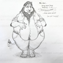 alternate_universe anthro anthrofied belly belly_overhang belt big_belly black_mane body_hair burping chubby_face clothing collared_shirt dialogue dress_shirt exclamation_point facial_scar hand_on_belly hand_on_own_belly happy_trail interrupted_speech male mane moobs motion_lines obese obese_anthro obese_male overweight overweight_anthro overweight_male pupils rolled_up_sleeves scar shadow shirt slit_pupils smile solo tail tail_motion tailwag talking_to_another talking_to_partner text thick_thighs topwear dragontzin disney the_lion_king scar_(the_lion_king) felid feline lion mammal pantherine 1:1 english_text hi_res sketch