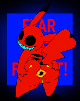 anthro anus big_butt black_eyes black_sclera butt butt_focus butt_grab dot_eyes dot_nose female genitals glistening glistening_butt hand_on_butt huge_butt looking_at_viewer looking_back nude presenting presenting_hindquarters puffy_anus rear_view red_body red_eyes sharp_teeth shortstack simple_background simple_eyes smile solo spread_butt spreading tail teeth text thick_thighs vulva voideyedpanda creepypasta nintendo pokemon uhcakip generation_1_pokemon mammal pikachu pokemon_(species) rodent absurd_res hi_res tagme