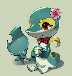 bow_tie brown_eyes closed_smile container cup eyebrows eyelashes female flower holding_container holding_cup holding_object mouth_closed plant pupils shadow simple_background sitting smile solo tail white_sclera flavia-elric nintendo pokemon generation_5_pokemon pokemon_(species) snivy 2021 digital_media_(artwork)