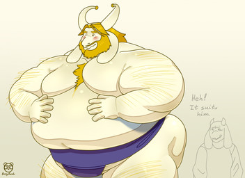 anthro arm_hair asian_clothing beard belly big_belly big_butt blonde_hair blush body_hair bottomwear butt chest_tuft clothing duo east_asian_clothing facial_hair female fur hair horn japanese_clothing leg_hair loincloth male male_focus mature_male mawashi moobs musclegut muscular muscular_male obese obese_male overweight overweight_male solo_focus sumo sumo_wrestler tuft white_body white_fur pearypanda undertale_(series) asgore_dreemurr toriel bovid caprine goat mammal hi_res