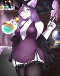 anthro breasts cauldron clothing crossgender dress eyewear female garter_straps glasses hair legwear magic_user nipple_outline potion purple_hair solo thigh_highs wand witch etoilenocturne charlotte_corvinus_(charliecorvinus) bat mammal megabat 4:5 hi_res