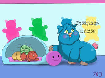 ambiguous_feral ambiguous_gender anus baby_talk ball blue_body blue_fur blush brown_body brown_fur dialogue eyelashes eyes_closed feces feral fur green_body green_eyes green_fur group hooves lying mouth_closed neonate on_front open_mouth pink_tail sitting tail text x_anus yellow_body yellow_fur young young_ambiguous young_feral z05 fluffy_pony fluffy_pony_(species) mammal 2024 4:3 artist_name digital_media_(artwork) english_text hi_res shaded