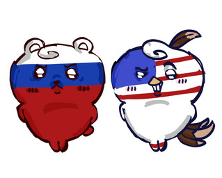 ambiguous_gender american_flag anthro beak blue_body blue_fur blush blush_lines brown_body brown_feathers chibi country duo eyebrows feathers fur looking_at_viewer neonate politics raised_eyebrow red_body red_fur russia russian russian_flag simple_background united_states_of_america white_background white_body white_fur yellow_beak young young_anthro nemts countryhumans accipitrid accipitriform avian bald_eagle bear bird countryhuman eagle mammal sea_eagle 2025 digital_media_(artwork)