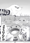 4_panel_comic ambiguous_gender black_eyes black_text dialogue duo exclamation_point feral fur grass motion_lines mouth_closed number open_mouth open_smile outside partially_submerged plant pupils quadruped sharp_teeth smile sound_effects speech_bubble tail teeth text tongue water white_pupils white_sclera nikucomics nintendo pokemon pokemon_mystery_dungeon spike_chunsoft kheelan_(eenea) arcanine generation_1_pokemon pokemon_(species) 2020 absurd_res artist_name comic digital_media_(artwork) english_text greyscale hi_res monochrome url male_(lore)