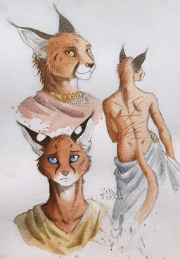 amber_eyes ambiguous_gender anthro bare_back blue_eyes brown_body brown_fur clothed clothing duo ear_piercing ear_tuft facial_piercing facial_scar fur half_clothed hand_on_hip jewelry looking_aside looking_at_viewer male necklace nose_piercing nude piercing rear_view sad scar shawl simple_background smile standing topless tuft undressing white_background 0laffson shadi_(0laffson) caracal caracal_(genus) felid feline mammal 2015 bust_portrait concept_art portrait signature traditional_media_(artwork)