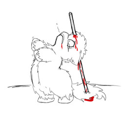animal_genitalia balls blood blood_from_mouth blood_from_wound blood_in_mouth bodily_fluids constricted_pupils crying feral fur genitals gore hair head_impalement hooves impalement male male_feral on_hind_legs open_mouth pain pained_expression pupils quadruped sheath side_view simple_background small_pupils solo stuck tail tears wounded anonymous_artist fluffy_pony fluffy_pony_(species) mammal 1:1 spot_color