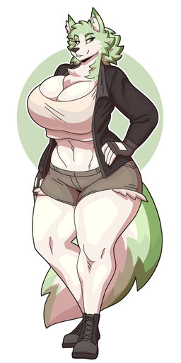 anthro athletic athletic_female big_breasts big_butt biker_gloves boots bottomwear breasts butt cheek_tuft chest_tuft cleavage clothed clothing eyebrows eyelashes facial_tuft female fingerless_gloves footwear fur gloves green_body green_fur hand_on_hip handwear inner_ear_fluff jacket long_tail multicolored_body multicolored_fur pockets shirt shoes shorts solo tail tail_tuft tank_top thick_thighs topwear tuft two_tone_body two_tone_fur white_body white_fur slightlysimian emerald_(rexcrusader) canid canine canis mammal wolf 2025 absurd_res digital_drawing_(artwork) digital_media_(artwork) hi_res shaded simple_shading