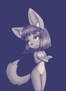anthro breasts featureless_crotch female gesture hair hand_gesture navel nervous nude pointing purple_background simple_background solo kannonx gatita domestic_cat felid feline felis mammal 2019 monochrome