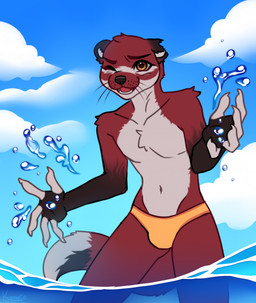 5_fingers anthro black_markings black_nose brown_eyes chest_tuft clothed clothing collarbone day fingers fur grey_body grey_fur head_tuft looking_at_viewer male markings navel one_eye_closed open_mouth open_smile partially_submerged red_body red_fur sky slim smile solo tail teeth tuft underwear underwear_only whiskers konejo mammal mustelid otter colored colored_sketch digital_drawing_(artwork) digital_media_(artwork) hi_res sketch