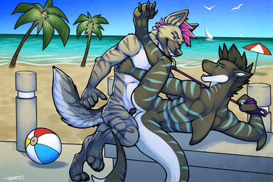 anal animal_genitalia anthro anthro_on_anthro ball bdsm beach beach_ball black_penis collar detailed_background dominant dominant_male duo erection genitals hair humanoid_genitalia humanoid_penis inflatable leash leash_pull leashed_top male male/male mohawk non-mammal_ears non-mammal_hair nude outside penis penis_base pink_hair power_bottom romantic romantic_couple rough_sex seaside sex sex_on_the_beach sheath submissive submissive_male tsaiwolf dezo kyaru ziggy_(dezo) aquatic fish hyena mammal shark striped_hyena 2016 3:2 hi_res