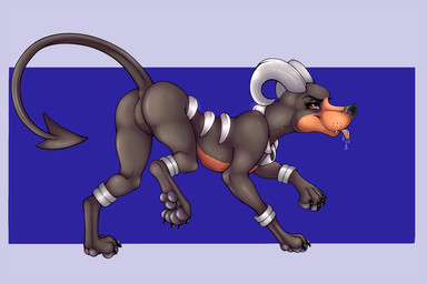 all_fours bodily_fluids butt claws fangs featureless_crotch female feral fur horn looking_at_viewer mouth_closed nude paws pointed_tail presenting presenting_hindquarters saliva saliva_on_tongue saliva_string side_view smile smiling_at_viewer solo spade_tail tail teeth tongue tongue_out marcushunter nintendo pokemon canid canine canis domestic_dog generation_2_pokemon houndoom mammal pokemon_(species) 2022