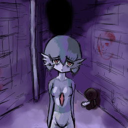 alley arms_at_sides breasts chest_spike closed_frown dark doll female front_view frown graffiti grey_body head_tilt looking_at_viewer mouth_closed multicolored_body night red_eyes sad slim solo spikes spikes_(anatomy) standing two_tone_body white_body unknown_artist nintendo pokemon gardevoir generation_3_pokemon pokemon_(species) 1:1 low_res
