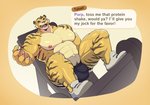 abs anthro big_muscles bodily_fluids border bulge clothing dialogue exercise footwear header header_box jockstrap leg_press looking_at_viewer male muscular muscular_anthro muscular_male navel nipples pecs pubes shoes solo sweat talking_to_viewer text text_header thick_thighs underwear weightlifting weights workout yellow_border thepurp animal_crossing nintendo tybalt_(animal_crossing) felid mammal pantherine tiger 2021 english_text hi_res