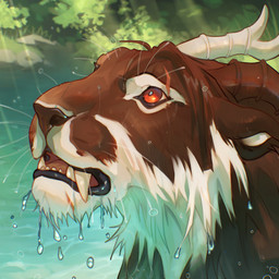 ambiguous_feral ambiguous_gender brown_body brown_ears brown_fur brown_horn fangs feral fur glistening glistening_eyes grass horn looking_up open_mouth outside plant red_eyes rock solo teeth water wet wet_body wet_fur white_body white_fur white_horn justkiddinb felid mammal 1:1 hi_res