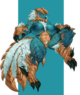 anthro areola big_breasts blue_body blue_eyes breasts butt butt_from_the_front claws female fur genitals horn huge_breasts multicolored_body muscular muscular_anthro muscular_female navel nipples solo spikes spread_legs spreading tan_body thick_thighs two_tone_body vulva white_body white_fur tsuyu_fang capcom monster_hunter fanged_wyvern scalie zinogre absurd_res hi_res