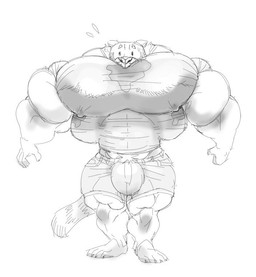 4_toes anthro barefoot big_bulge big_muscles big_pecs bodily_fluids bottomwear bulge clothing feet front_view huge_bulge huge_muscles huge_pecs hyper hyper_bulge hyper_muscles hyper_pecs looking_at_viewer male muscular muscular_anthro muscular_male pants pecs plantigrade shirt solo standing sweat tight_clothing toes topwear stagor55 felid feline mammal 2016 monochrome sketch