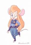 3_toes 4_fingers anthro badge belt clothed clothing cosplay eyelashes feet female fingers hair hand_on_hip long_hair one_eye_closed open_mouth open_smile orange_hair police police_uniform pose short simple_background smile solo toes uniform white_background wink kurokuma824 chip_'n_dale_rescue_rangers disney zootopia gadget_hackwrench judy_hopps mammal mouse murid murine rodent 2016