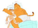 anthro anthrofied bed bedding blanket boxer_briefs boxer_briefs_only butt clothed clothing duo eyes_closed fur furniture male male/male orange_body orange_fur overweight overweight_male pajamas red_pajamas sleeping smothering striped_pajamas topless underwear underwear_only white_boxer_briefs white_clothing white_pajamas white_underwear vilya garfield_(series) garfield_the_cat jon_arbuckle domestic_cat felid feline felis human mammal