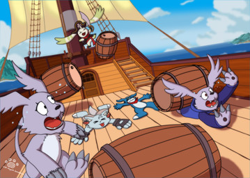 anthro barrel cutlass flattened group male melee_weapon pirate_outfit ship sword vehicle watercraft weapon coshi-dragonite bandai_namco digimon alephmon stry_(veemon) digimon_(species) gazimon terriermon veemon hi_res