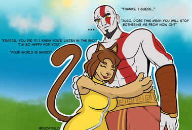 anthro beard brown_body claws duo ears_up facial_hair female good_end greece greek grey_body hair hug male male/female muscular open_mouth outside simple_background sunny tail tattoo text yellow_eyes ducatislo_(artist) european_mythology gameoverse glitch_productions god_of_war greek_mythology mythology sony_corporation sony_interactive_entertainment kit_bodega kratos domestic_cat felid feline felis human humanoid mammal crossover english_text hi_res