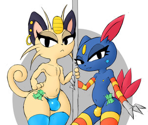 anthro big_head bulge clothed clothing duo ear_piercing femboy holding_fixture leggings legwear male money nipples piercing pole stripper_pole ikiki nintendo pokemon felid generation_1_pokemon generation_2_pokemon mammal meowth pokemon_(species) sneasel 2016