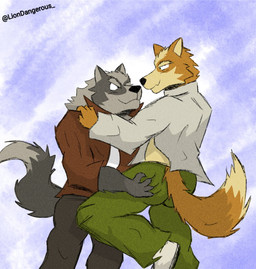 anthro bottomwear clothed clothing duo eye_contact fluffy fur holding_another jacket looking_at_another male pants smile smirk tail topwear liondangerous nintendo star_fox fox_mccloud wolf_o'donnell canid canine canis fox mammal wolf
